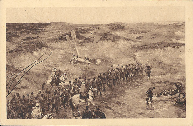 "Convoy of German prisoners escorted by Algerian spahis". Panorama of the Battle of the Yser by A. Bastien, Brussels. Post Card, ungelaufen. Sammlung Detlev Brum. Konvoi von deutschen Gefangenen eskortiert durch algerische Kavalleristen.