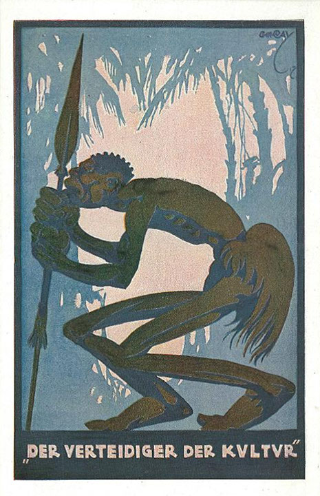 "Der Verteidiger der Kultur". Text Rückseite: "Stärkt den deutschen Siegeswillen. Tretet der Deutschen Vaterlands-Partei bei!". Ansichtskarte, ungelaufen. Sammlung Markus Kreis. Die Ansichtskarte nimmt rassistisch karikierend Bezug auf den Einsatz afrikanischer Soldaten an der Westfront, die aus französischer Sicht mithelfen, die Kulturnation Frankreich gegen die deutschen Barbaren zu verteidigen. Die Gründung der den Siegfrieden und ein großes deutsches Kolonialreich in Mittelafrika propagierenden Deutschen Vaterlandspartei erfolgte Anfang 1917. Führende Mitglieder u.a. der Dortmunder Industrielle Ernst Schweckendieck (Kommerzienrat, Generaldirektor Maschinenfabrik Schüchtermann & Kremer. Mitglied der Vollversammlung der Handelskammer 1904-1933, die ihn 1908 auch als Mitglied des Reichskolonialrats vorschlägt) und der evangelische St. Reinoldi-Pfarrer Gottfried Traub, der später den antidemokratischen Kapp-Putsch unterstützt und als Minister im Putschisten-Kabinett vorgesehen war.