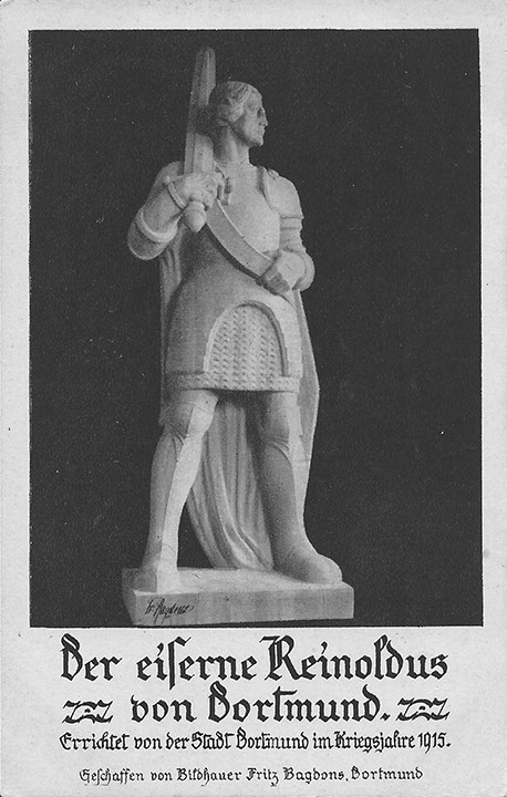 "Der eiserne Reinoldus von Dortmund". Ansichtskarte, Ungelaufen. Sammlung Detlev Brum. Die Nagelung von Holzskulpturen (hier der "Stadtpatron" von Dortmund) war eine in vielen Städten durchgeführte Kriegs-Spendensammlung, bei der die Unterstützerinnen und Unterstützer pro Nagel Geld spendeten, darunter die Abteilung Dortmund der Deutschen Kolonialgesellschaft und der Kolonialkriegerverein. Der "Eiserne Reinoldus" ist das zeitgenössisch bedeutendste regionale Symbol des völkerverhetzenden ("Pegida"-) Chauvinismus; den vom Presseverein Ruhr verliehenen Preis "Eiserner Reinoldus" haben im Jahr 2015 der Dortmunder Verein "Africa Positive" und seine Gründerin Veye Tatah nicht nur erhalten, sondern ... sogar angenommen!