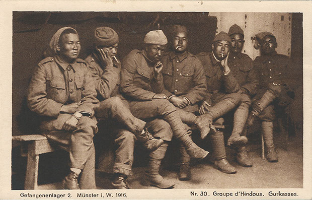 "Gefangenenlager 2. Münster i. W. 1916. Nr. 30, Groupe d’Hindous. Gurkasses.“ Ansichtskarte, ungelaufen. Sammlung Detlev Brum.