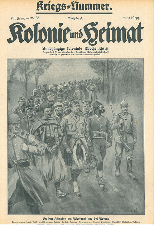 "Zu den Kämpfen am Yserkanal und bei Ypern: Das gefangene Völkergemisch unserer Feinde". Titelbild in "Kolonie und Heimat. Unabhängige koloniale Wochenschrift. 8. Jahrgang, Nr. 35 (September 1915)". Im September 1914 wurden die ersten westafrikanischen Verbände in der Picardie eingesetzt. Im Oktober und November erlitten Einheiten der Tirailleurs Senegalais an der Yserkanal katastrophale Verluste. Afrikanische Soldaten gehörten zu den ersten Kriegsgefangenen in Deutschland.