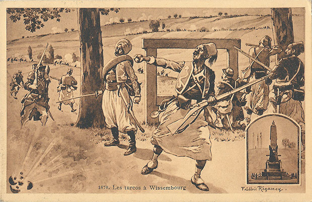 "1870, Les turcos á Wissembourg". Carte officielle du Comité du monument de Wissembourg. Carte Postale, gelaufen von Wissembourg nach Strasbourg. Sammlung Detlev Brum.