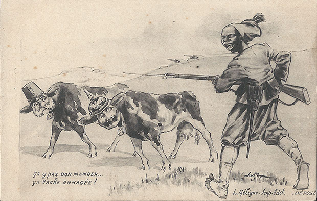 "Ça y pas bon manger ... Ça vache enragée!" (Das ist nicht gut zu essen ... Das ist wütende Kuh!). Carte Postale, sign. L. Geligne, ungelaufen. Sammlung Detlev Brum. Von einem afrikanischen Soldaten werden Rinder mit den Köpfen von Kaiser Wilhelm II. und Kaiser Franz Joseph I. auf die oder von der Weide geführt. Die Ansichtskarte, die die Gefangennahme bzw. die Bewachung von deutschen Kriegsgefangenen durch Kolonialsoldaten darstellen soll und in der der afrikanische Soldat durch Gesichtsausdruck, Schuhwerk und Sprache als "Wilder" vorgeführt wird.