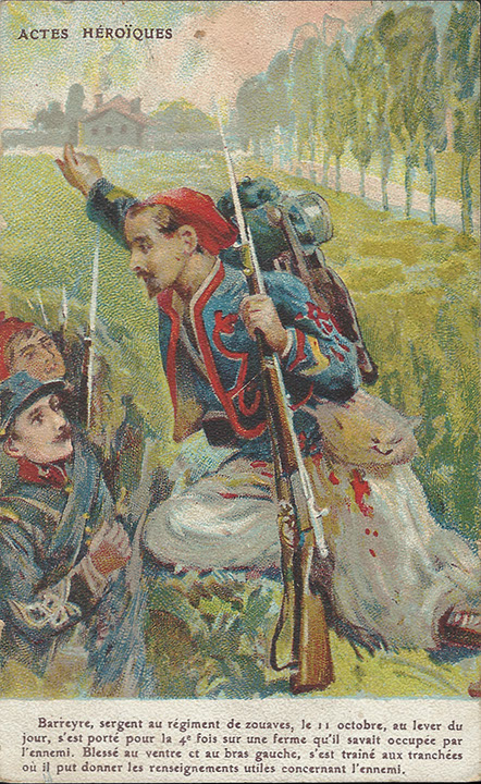 "Actes heroiques". Zuaven-Sergeant warnt vor einem feindlichen Hinterhalt. Französische Ansichtskarte, ungelaufen. Sammlung Detlev Brum.