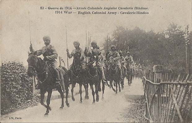 "Guerre de 1914 - Armee Coloniale Anglaise Cavalerie Hindoue". Carte Postale, gelaufen in Frankreich, ohne Datum. Sammlung Detlev Brum.