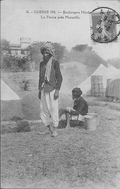 "Guerre 1914. Boulangers Hindou. La Penne prés Marseille" (Hindu-Bäcker). Carte Postale, gelaufen im August 1915. Sammlung Detlev Brum.