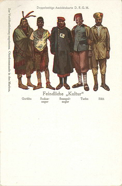 Feindliche "Kultur". Jungdeutschland-Karte, ungelaufen. Sammlung Markus Kreis. Der Jungdeutschland-Bund war kurz vor Beginn des 1. Weltkriegs eine Massenorganisation zur Wehrerziehung der deutschen Jugend. Die Dortmunder und Hörder Gruppen hatten starke Bezüge zur Kolonialbewegung und zum kolonialen Pfadfindertum. Die Ansichtskarte spricht Frankreich und Großbritannien den Status eines europäischen „Kulturvolkes“ ab, weil sie koloniale Soldaten an der Westfront einsetzten. Die gegnerischen Staaten hätten sich – wie es der Gründungsvater der deutschen Soziologie, Max Weber, formulierte – "einem Heer von Negern, Gurkhas und allem barbarischen Lumpengesindel der Welt" verbunden. Die zeitgenössischen biologistischen "Rasse"-Vorstellungen waren bereits mit dem "Kultur"-Begriff verzahnt.