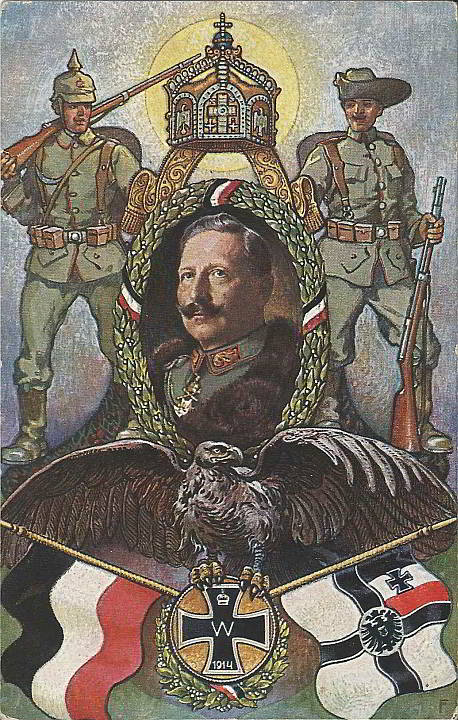 "Heil und Sieg dem Kaiser!" Ansichtskarte, Kolonialkriegerdank, gelaufen als Feldpost im Juli 1915. Sammlung Detlev Brum. Im Gegensatz zu den Veröffentlichungen und Ausstellungen zum 100-Jährigen Erinnerungsjahr des Beginns des Ersten Weltkriegs in Mitteleuropa war der deutsche Kolonialismus in der zeitgenössischen Kriegspropaganda allgegenwärtig, hier dargestellt durch deutsche Soldaten auf europäischen und kolonialen Schauplätzen.