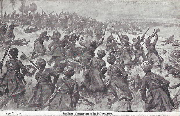 "Indiens chargeant à la Baionnette", "GEO 1914" (Inder laden das Bajonett). Carte Postale, ungelaufen. Sammlung Detlev Brum.