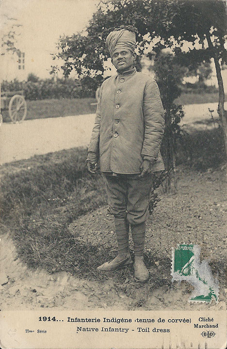 "Infanterie Indigéne (tenue de corvée)". Carte Postale, gelaufen im Dezember 1914 in Frankreich. Sammlung Detlev Brum.
