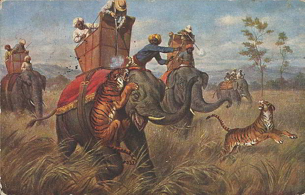 Jagdszene in Indien. Ansichtskarte, gelaufen als Feldpost im Januar 1916 (VI- Armeekorps, Fussartillerie-Regiment Nr. 1) nach Hamburg. Sammlung Detlev Brum. Ob die deutsch-indische Begegnung an der Westfront dazu beitrug, diese Ansichtskarte zu versenden, deren Motiv unmittelbar nichts mit dem Ersten Weltkrieg zu tun hat?