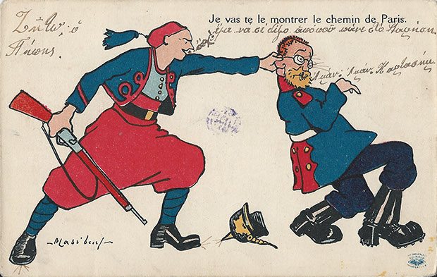 "Je vas te le montrer le chemin de Paris" ("Ich dir zeige den Weg nach Paris"). Carte postale, gelaufen, ohne Datum. Sammlung Detlev Brum.