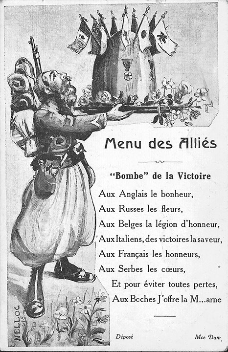 "Menu des Alliés. "Bombe" de la Victoire". Carte Postale, ungelaufen. Sammlung Detlev Brum. Der nordafrikanische Soldat serviert den Deutschen an der Marne die "Bombe" der Alliierten; an der Marne wurde im großen Umfang koloniale Truppen eingesetzt.