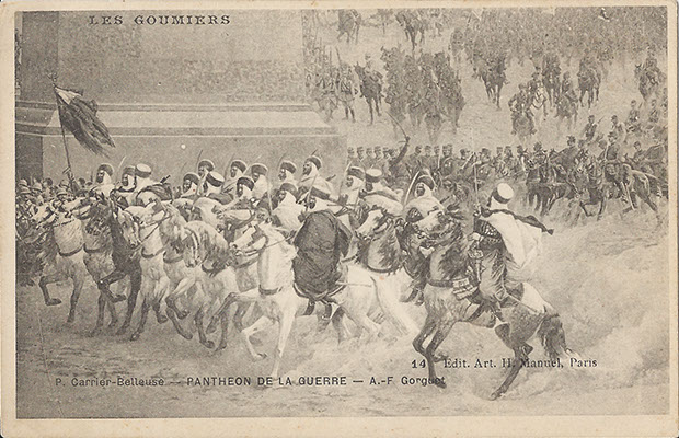 "Pantheon de la Guerre. Les Goumiers". Carte Postale, ungelaufen. Sammlung Detlev Brum. Die Goumiers, die nordafrikanische Kavallerie, zieht nach siegreichem Kriegende an der nationalen Ruhmeshalle vorbei bzw. ein. Das Gegenbild zur deutschen Nachkriegslegendenparade mit den "unbesiegten" Truppen in Deutsch-Ostafrika und Lettow-Vorbeck.