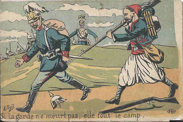 "Si la garde ne meurt pas, elle fout le camp" (Wenn die Garde nicht stirbt, ist sie auf der Flucht). Carte Postale, gelaufen im November 1915 in Frankreich. Sammlung Detlev Brum. Die kaiserliche Garde auf der Flucht vor einem nordafrikanischen Soldaten.