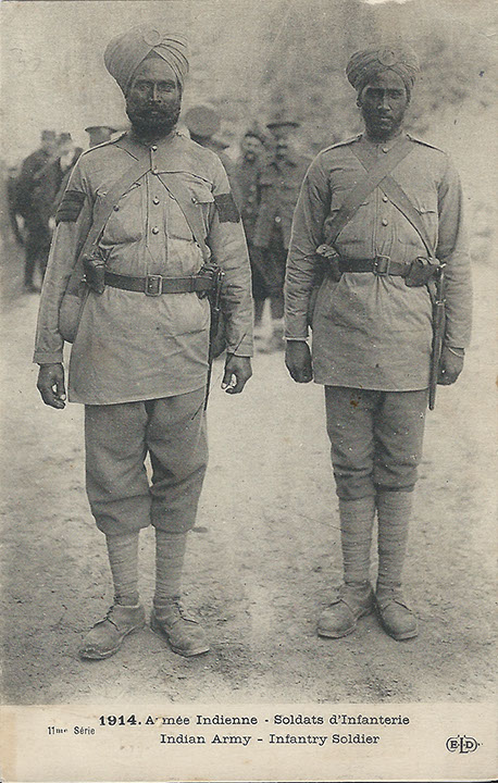 "1914. Armée Indienne. Soldats d'infanterie" (Indische Armee. Infanteristen). Carte Postale, gelaufen in Frankreich, ohne Datum. Sammlung Detlev Brum.