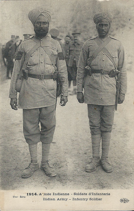 "1914. Armée Indienne. Soldats d'infanterie" (Indische Armee. Infanteristen). Carte Postale, gelaufen in Frankreich, ohne Datum. Sammlung Detlev Brum.