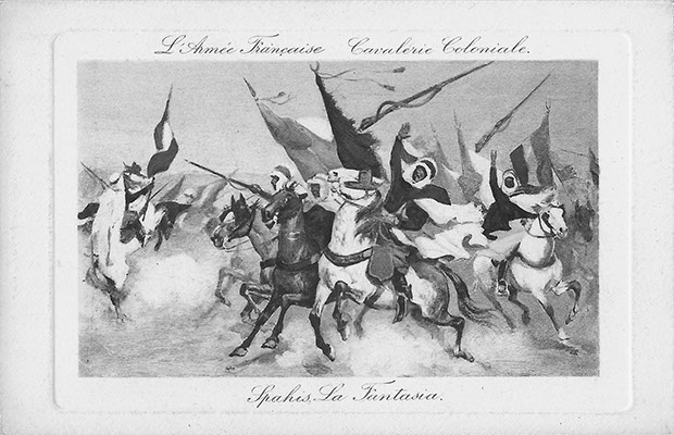 "Spahis La Fantasia. L‘ Armée Francaise Cavalerie Coloniale". Carte Postale, ungelaufen. Sammlung Detlev Brum.