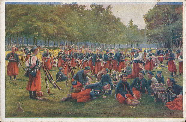 "En Guerre: Zouaves a la Grand’Halte". Text Rückseite: Souvenir de la Guerre 1914-1915. Ansichtskarte ungelaufen. Sammlung Detlev Brum.