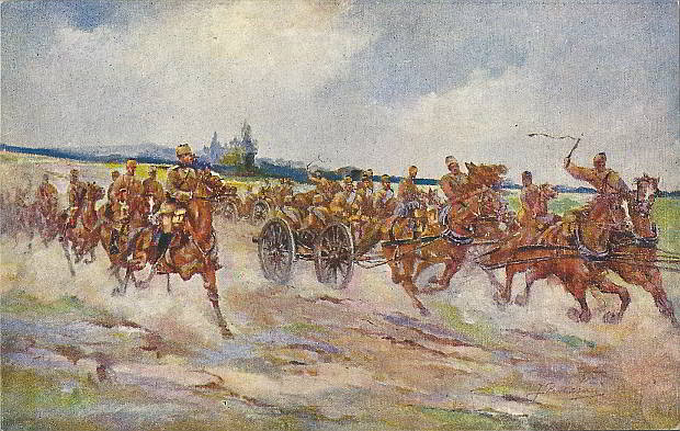 "Auffahrt türkischer Artillerie". Künstler-Kriegspostkarte Serie 12702-25, Prag, 1914, ungelaufen. Sammlung Detlev Brum.