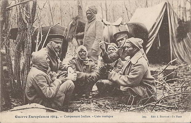 "Campement Indien – Coin rustique". Guerre Européenne 1914. Carte Postale, beschriftet, ohne Datum. Sammlung Detlev Brum.
