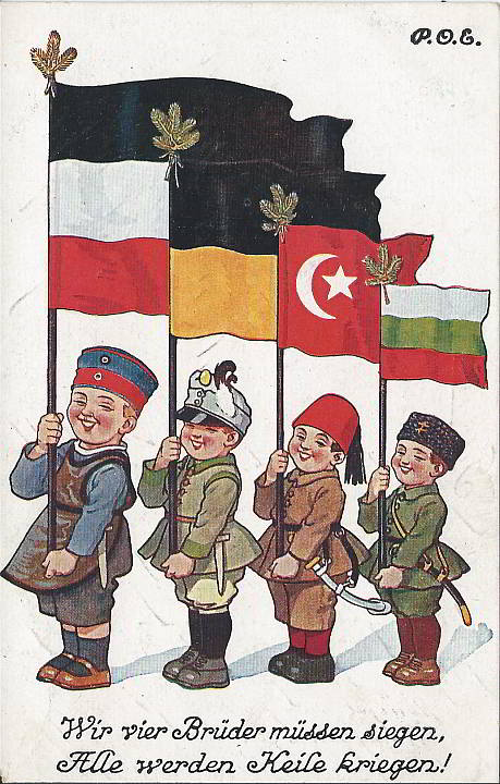 "Wir vier Brüder müssen siegen, Alle werden Keile kriegen!". Ansichtskarte, beschriftet im Juni 1916 (Feldpost). Sammlung Detlev Brum.